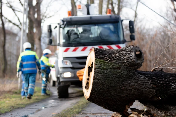 Emergency service removes a rotten tree that fell on a power line from the road